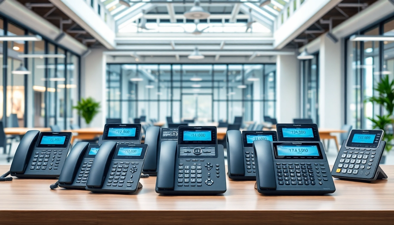 Showcase of office phone systems highlighting modern designs and connectivity features in a professional workspace.