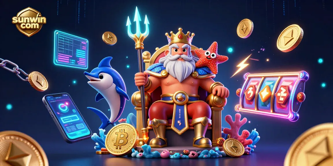 Enhance your gameplay with sunwin com's animated sea king and cryptocurrency-themed illustration.