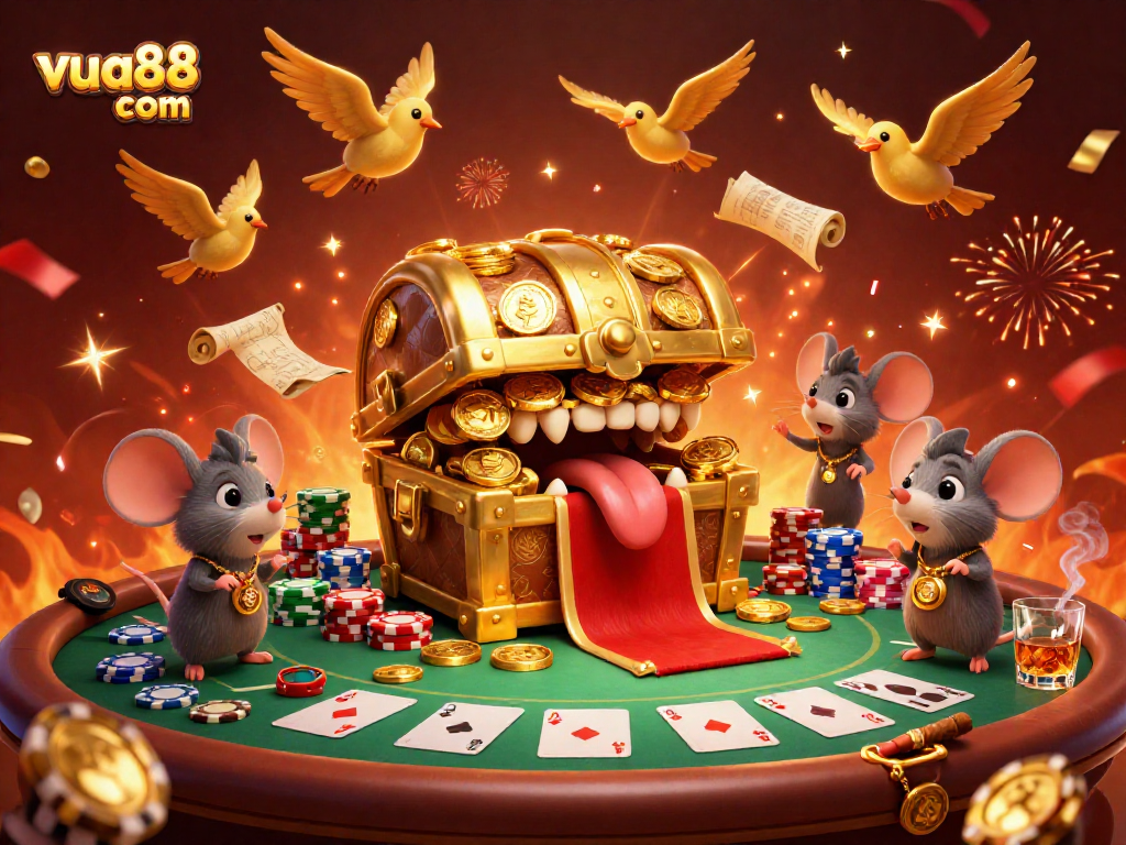 Engage with the vibrant treasures of vua88 com in this thrilling casino adventure illustration.