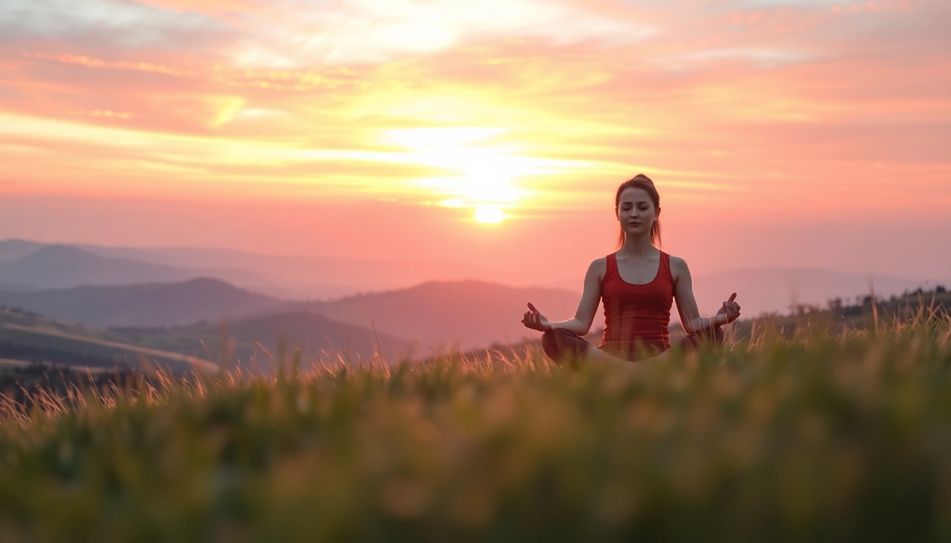 Enhancing emotional wellbeing through meditation in a serene sunrise landscape.