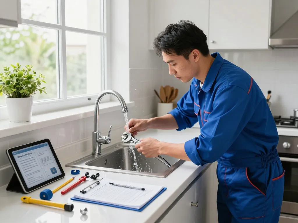 Encanador fixing a residential kitchen sink, showcasing professional plumbing skills and clean home environment.