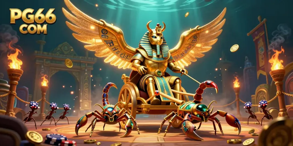 Experience thrilling wins at PG66 COM with vibrant 3D casino illustrations featuring engaging characters and game elements.
