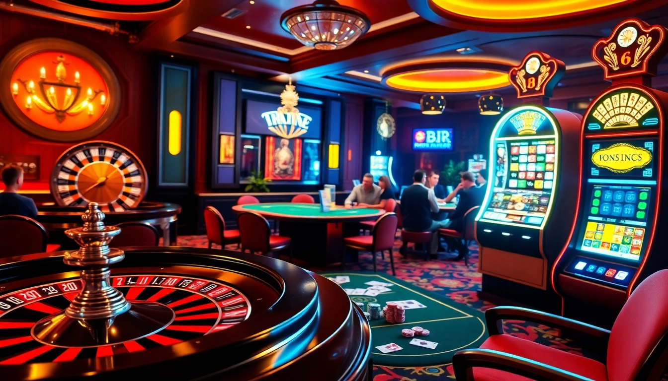Um ambiente de cassino emocionante com jogos de mesa, enfatizando Cassino com Retirada via Pix para transações instantâneas.