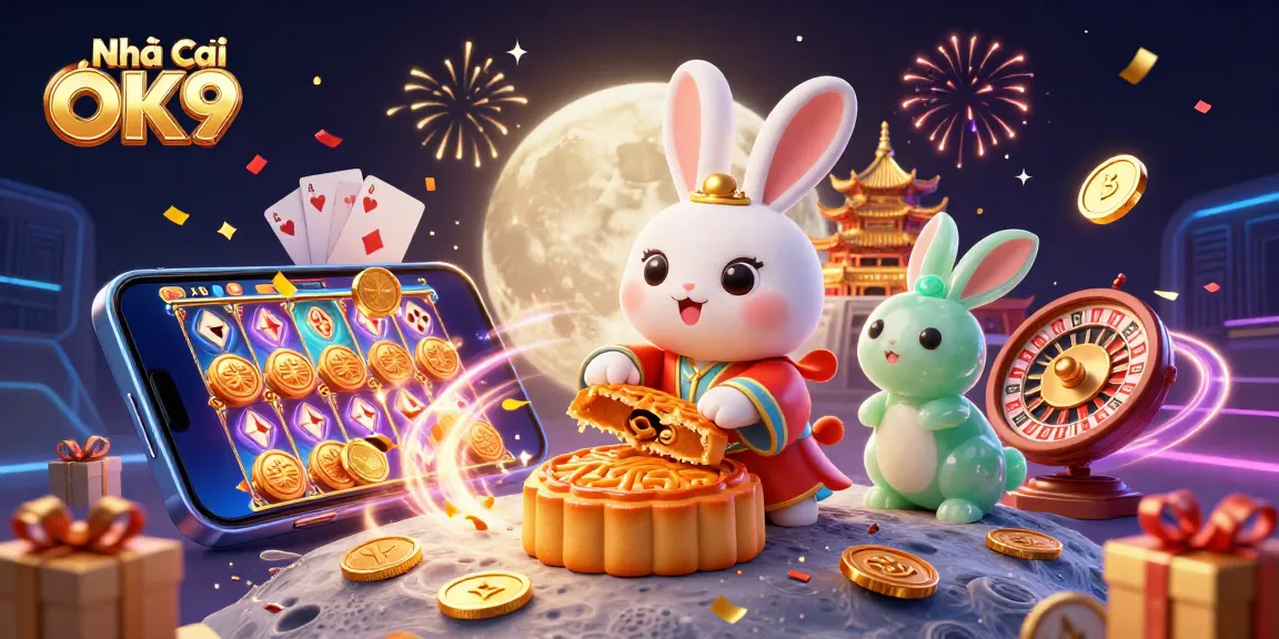 Engage with thrilling games at Nhà Cái OK9, featuring vibrant 3D illustration of a moon rabbit.