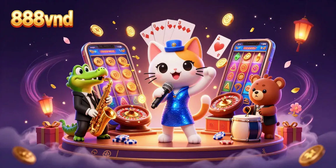 Experience thrilling gameplay at 888vnd with a dazzling casino scene featuring vibrant characters and slot games.