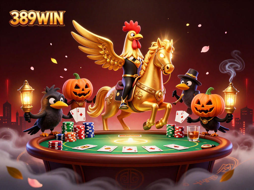 Spin the reels at 389WIN with a vibrant casino scene filled with golden rooster and lanterns.