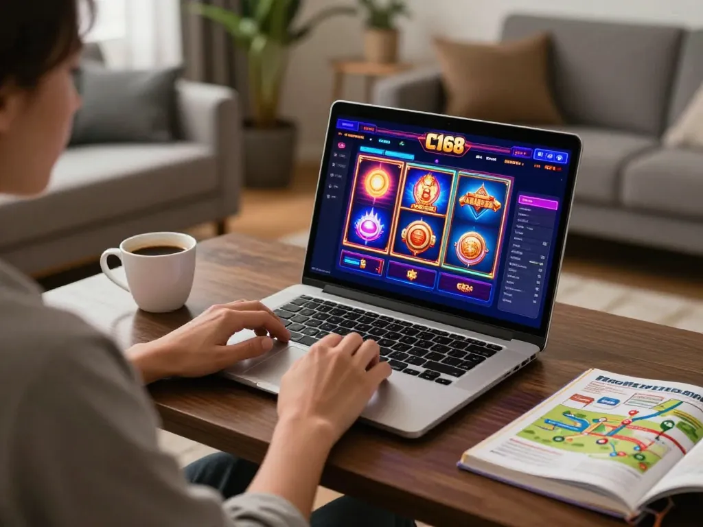 C168 online gaming experience with vibrant slot machine animations and a cozy setup.