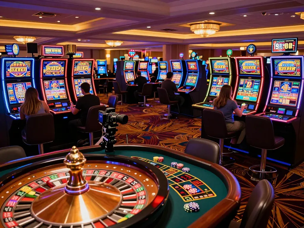 Go8 casino floor filled with vibrant slot machines and engaged players celebrating wins.