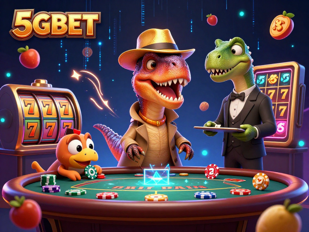 Experience thrilling slots at 5GBET with cartoon characters amidst colorful casino action.