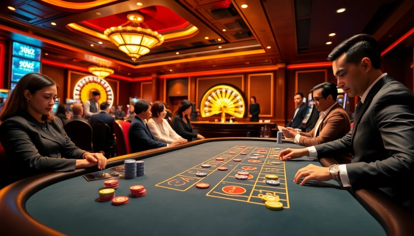 Players strategizing at a blackjack table inside 98win casino, showcasing luxury and excitement.
