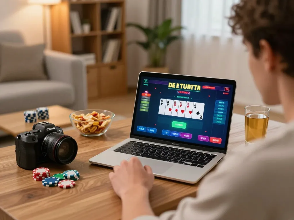Player enjoying online poker at home with C168 interface displayed on laptop, snacks nearby