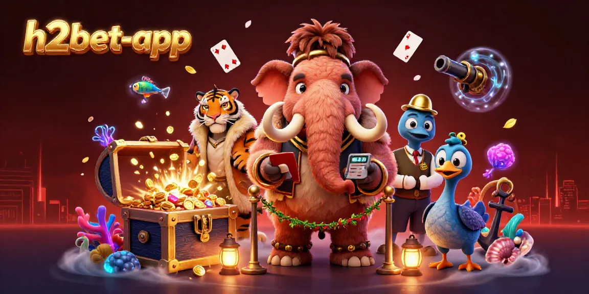 Experience the excitement at h2bet-app with a vibrant casino scene featuring unique characters and rich game elements.