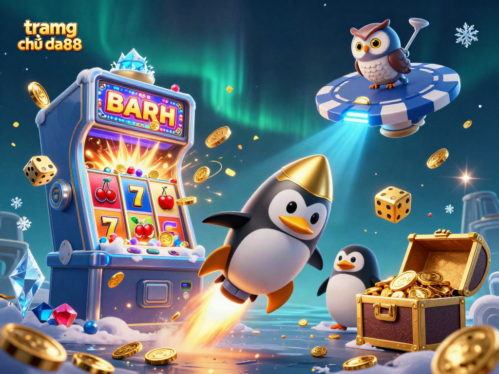 Engaging in fun gaming at tramg chủ da88 with a lively scene of slot machines and colorful characters.