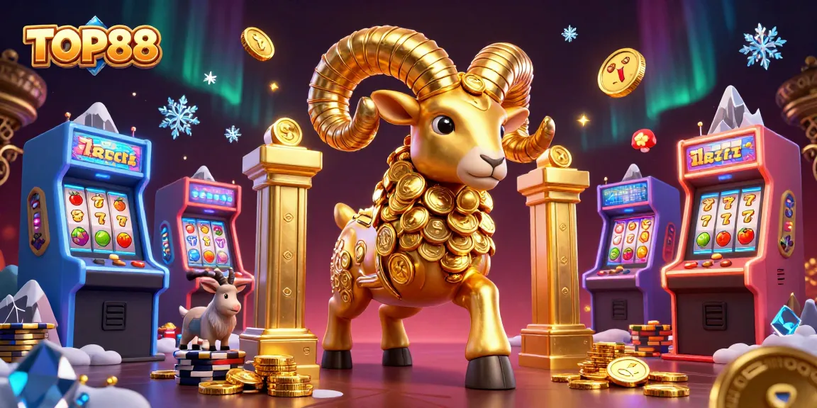 TOP88 showcases stunning casino action with a golden ram charging through slot reels and game elements.