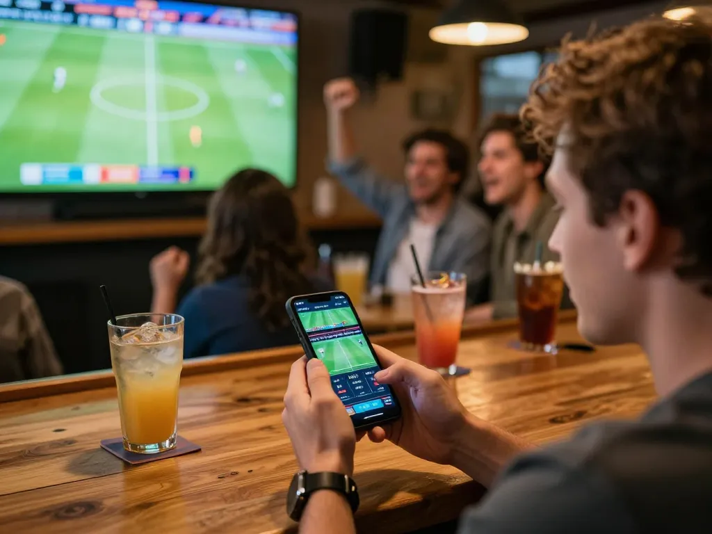 Person strategically using trang cá cược bóng đá app to place live bets in a lively sports bar setting.