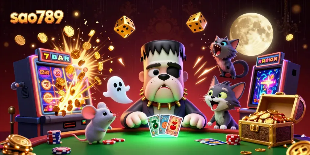 Sao789 gaming scene with a Frankenstein bulldog dealer, vibrant casino elements, and festive atmosphere.