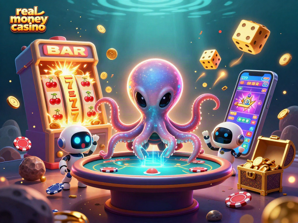 Experience real money casino action with an alien octopus at a holographic poker table amidst dynamic gaming elements.