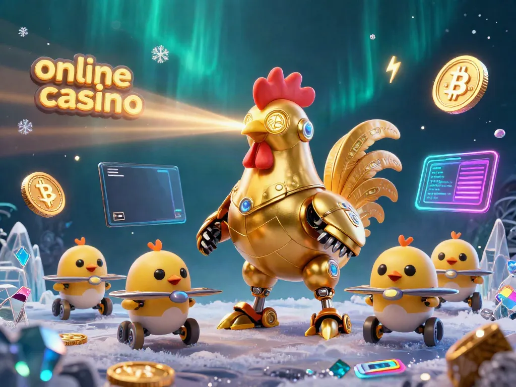 Experience an engaging online casino scene with a golden rooster robot, baby chick drones, and crypto elements.