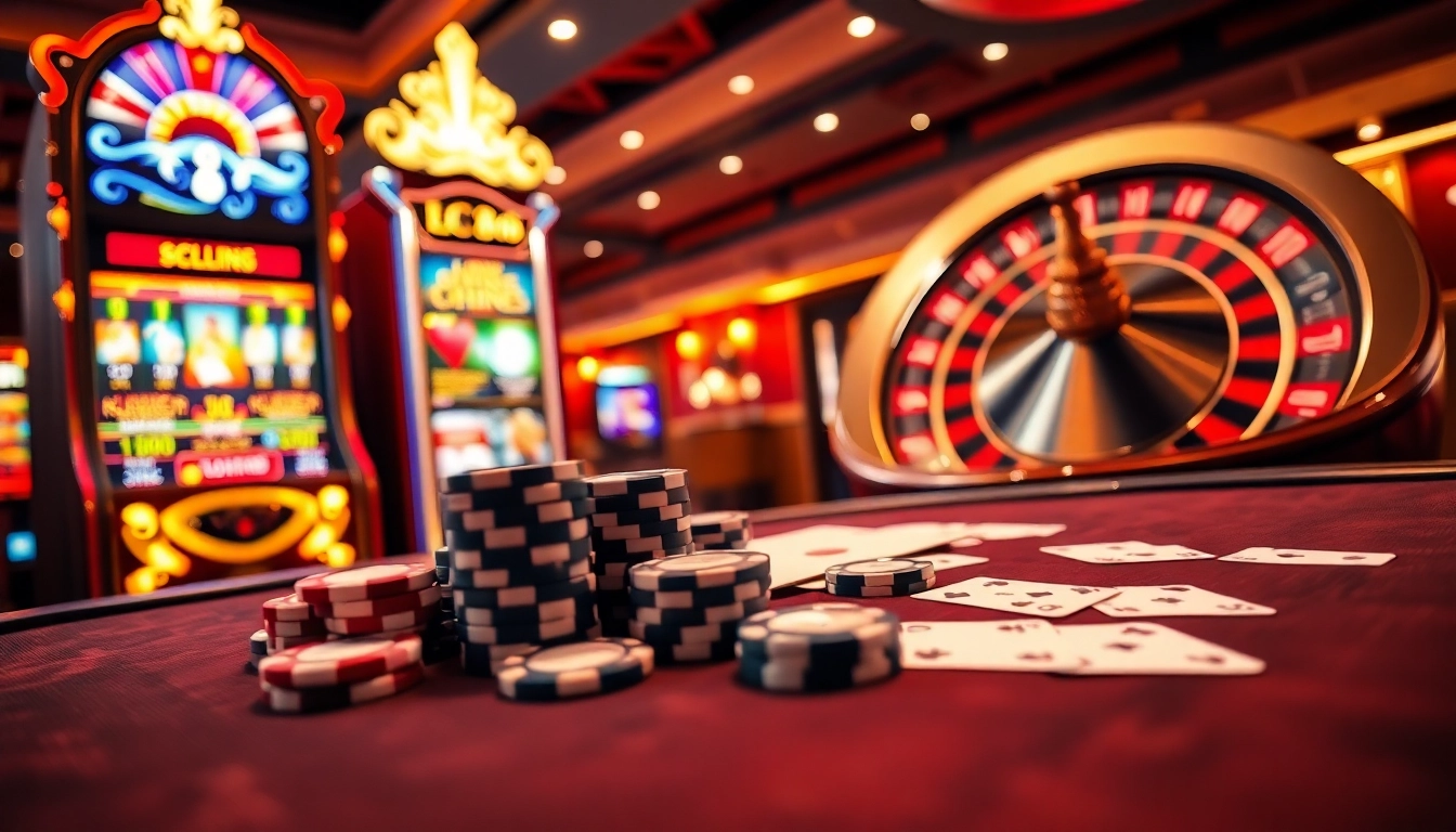 Engage in thrilling gameplay at lc 88 with a luxurious casino atmosphere featuring poker chips and slot machines.
