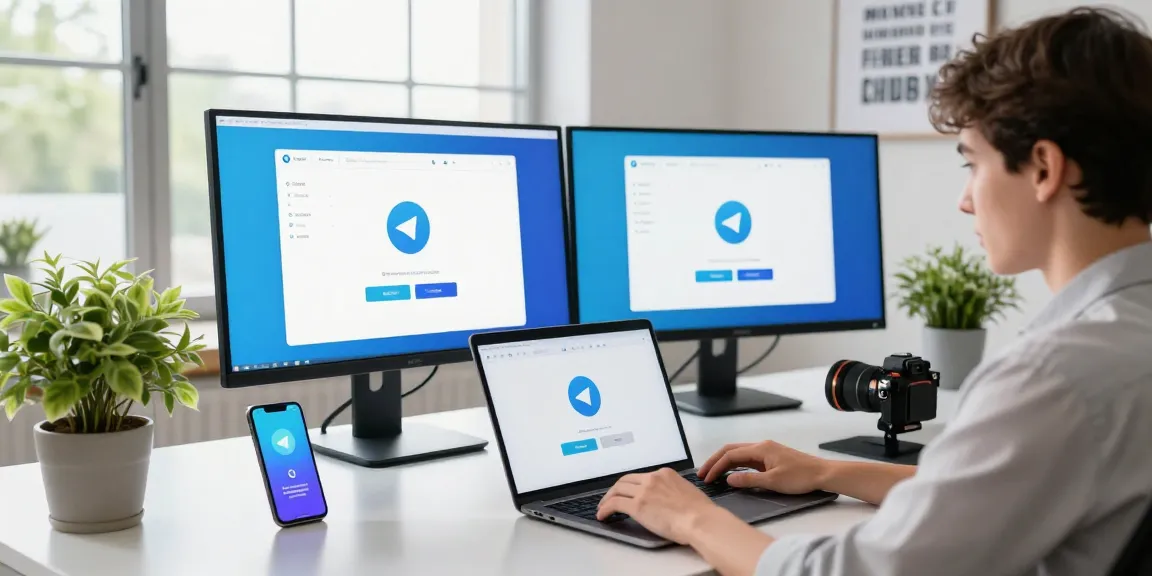 Young professional downloading Telegram on a laptop in a bright, modern workspace.