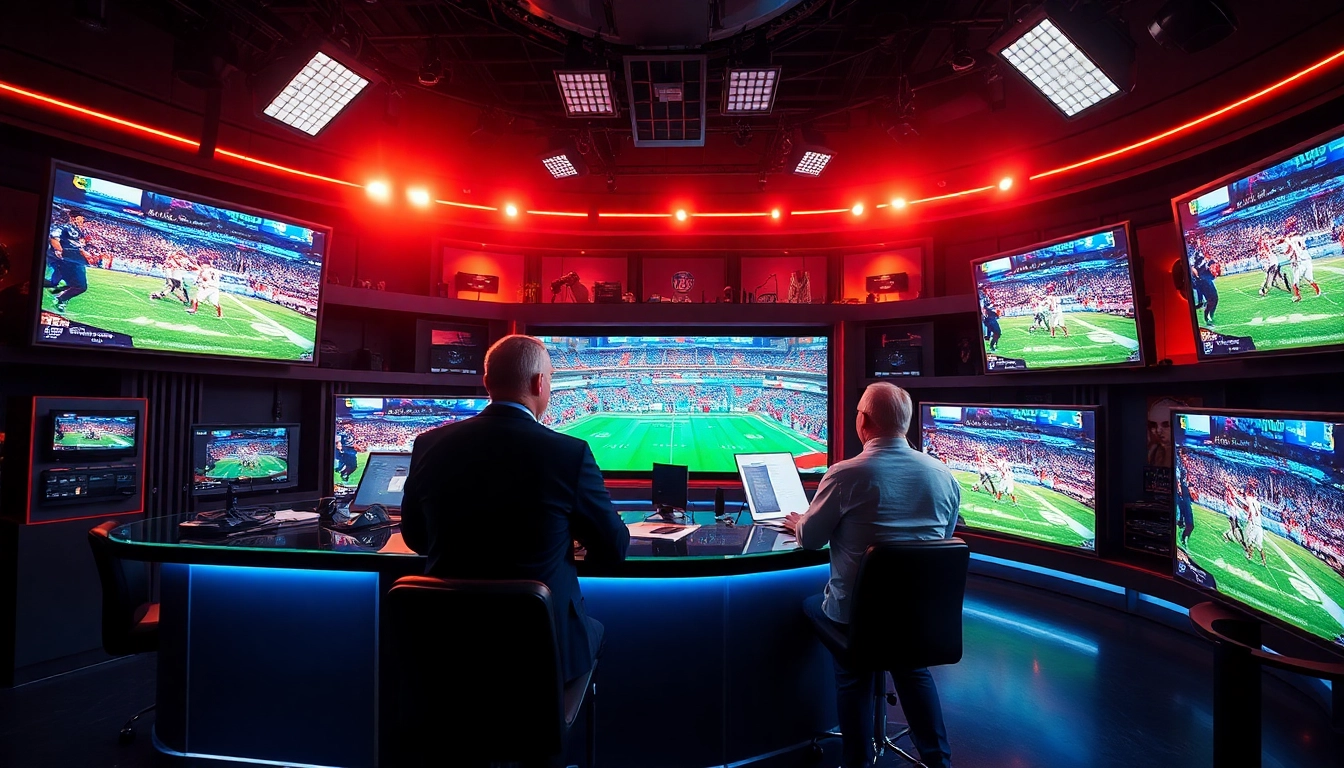 Professionals in sports broadcasting analyzing live events in an energetic studio.