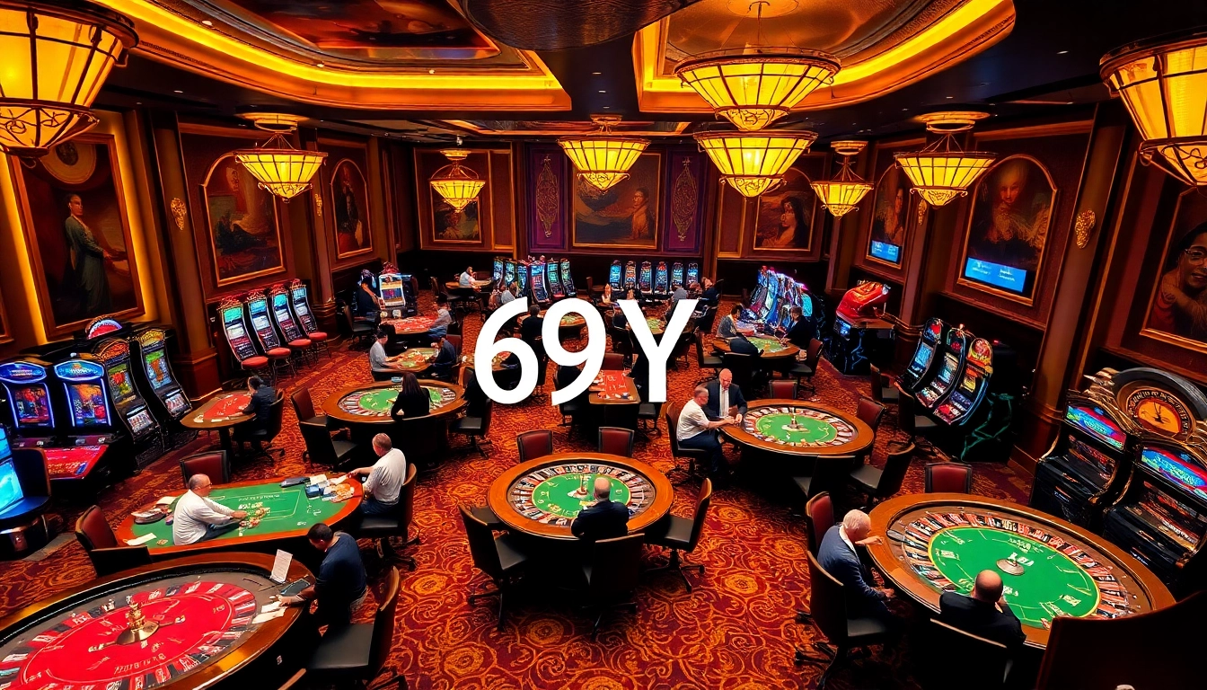 Jogadores entusiasmados curtindo várias opções de jogos em um cassino de luxo, destacando elementos-chave como fichas 69Y e mesas.