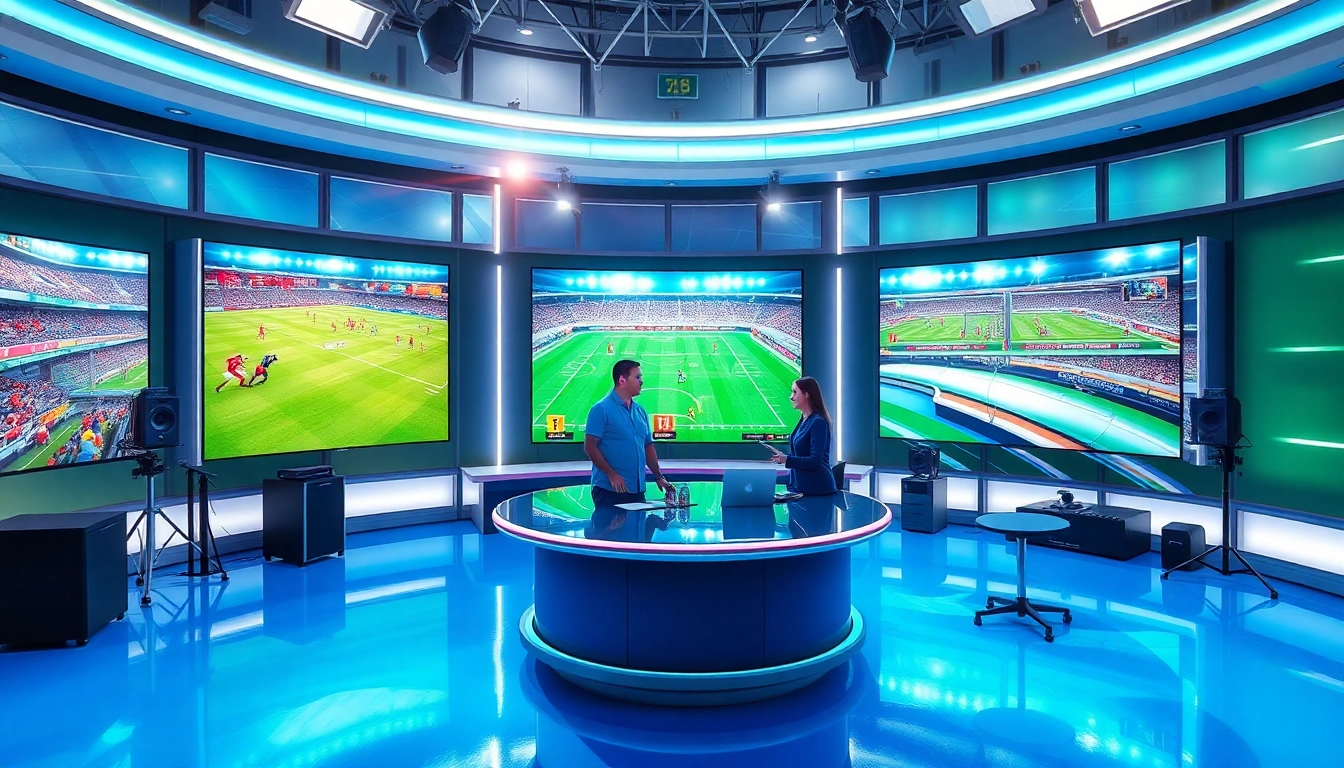 Engaging scene of Sports Broadcasting studio with presenters and live event displays.
