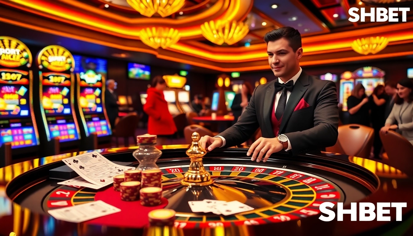 SHBET casino featuring a luxurious roulette table with vibrant chips and cards.