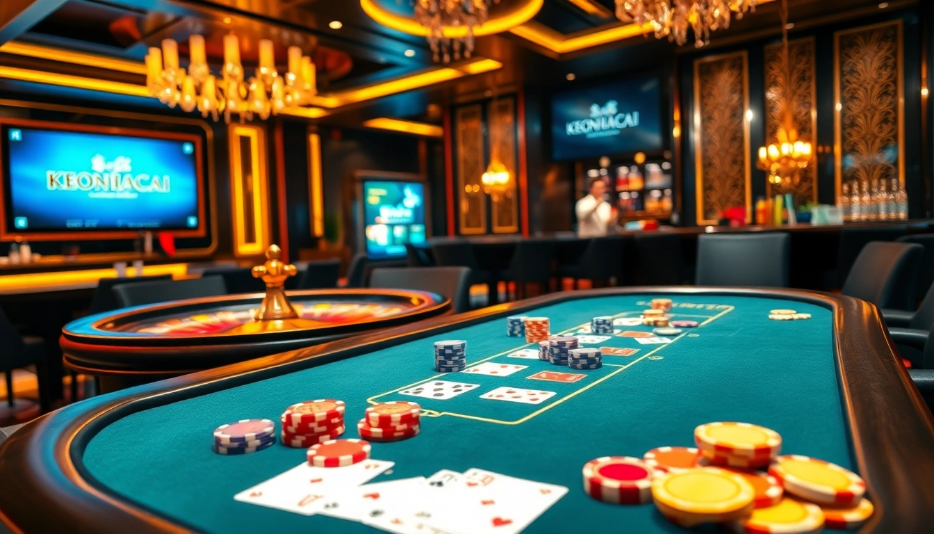 Experience an exciting gambling atmosphere with KEONHACAI, featuring tables, chips, and vibrant casino elements.