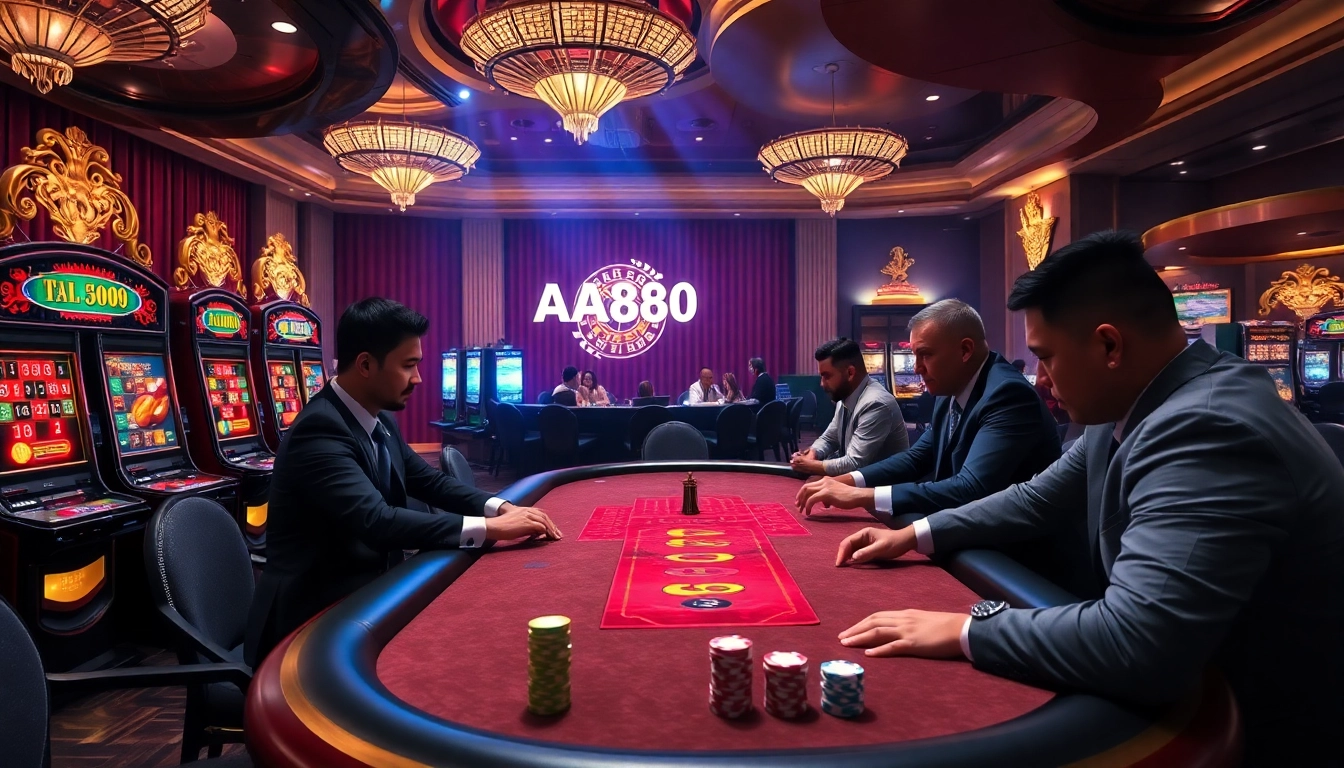 Viva a emoção no cassino de luxo da AA888, com mesas de pôquer, caça-níqueis e roleta.