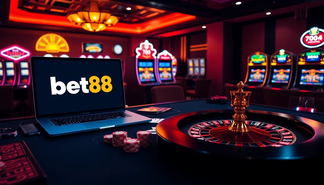 Bet88 đăng nhập - Experience a luxurious casino atmosphere with poker chips and a vibrant gaming interface.
