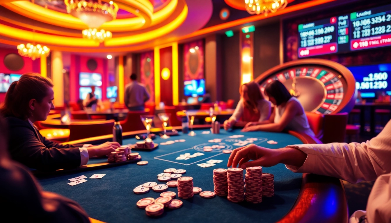 Players enjoying L567's casino games with poker chips, cards, and a roulette wheel in a vibrant setting.