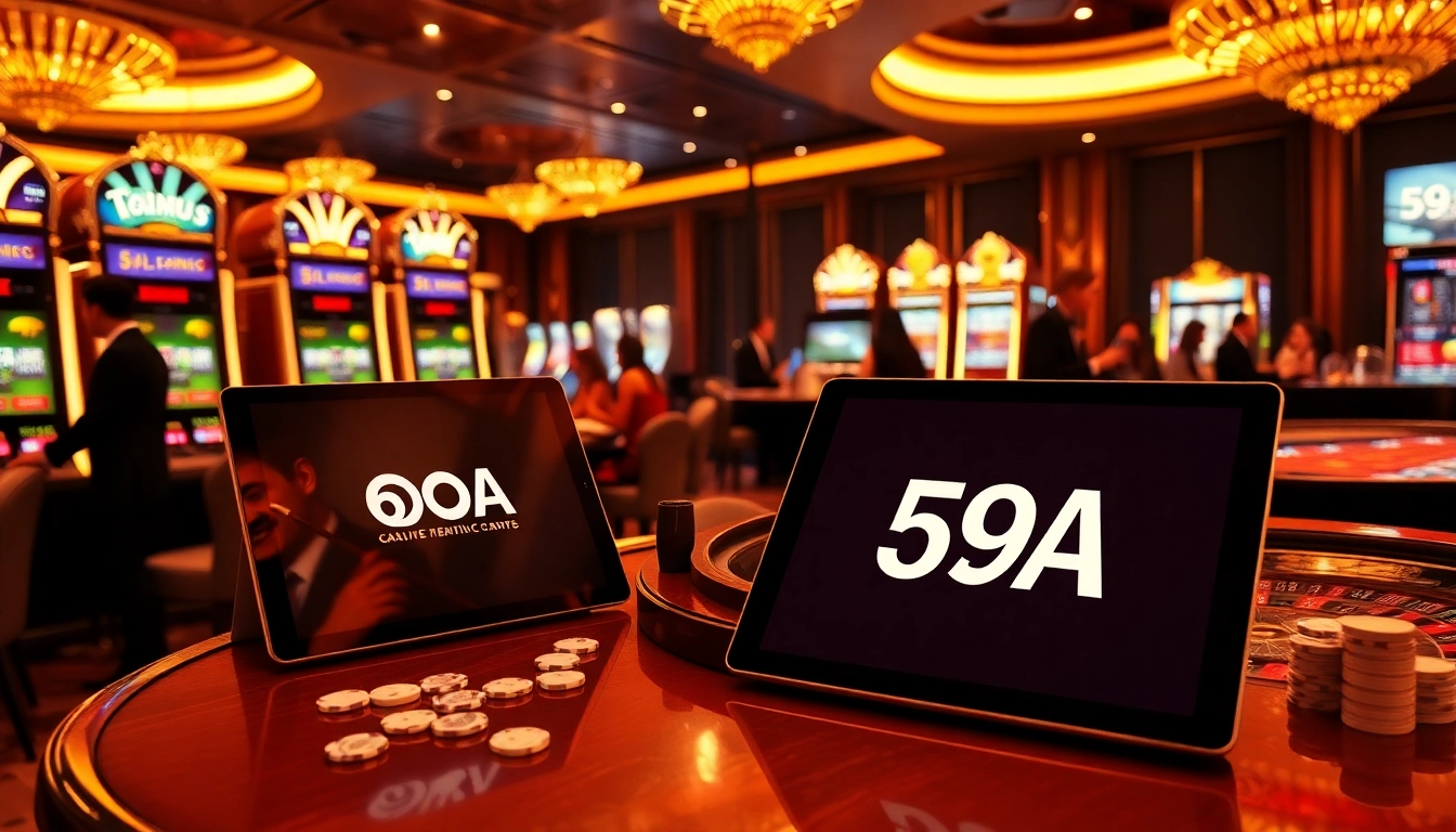 Ambiente de cassino emocionante apresentando 59A com jogadores, máquinas caça-níqueis e mesas de roleta.