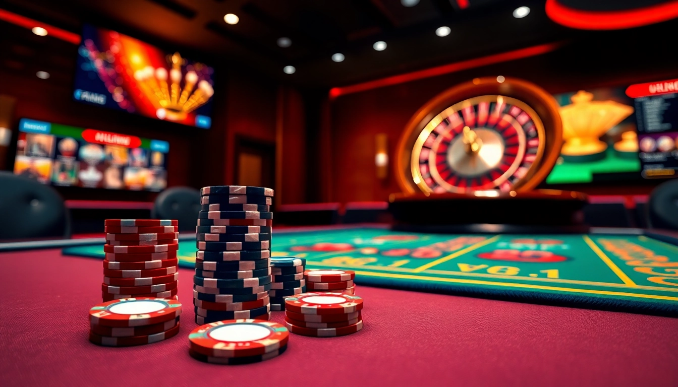 Engaging scene of the plataforma 288T casino with poker chips and a roulette wheel, showcasing excitement.