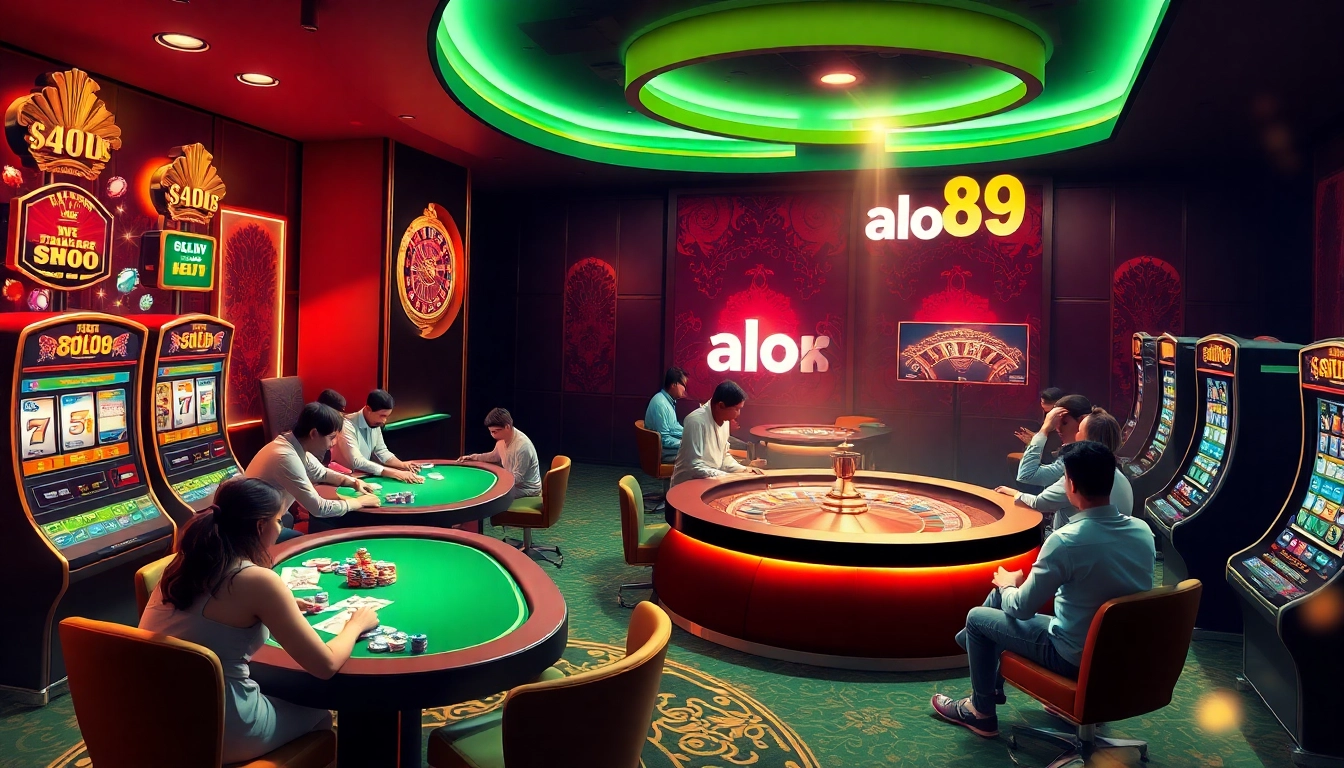 Players experiencing the excitement of alo789 casino games with vibrant slot machines and roulette in focus.