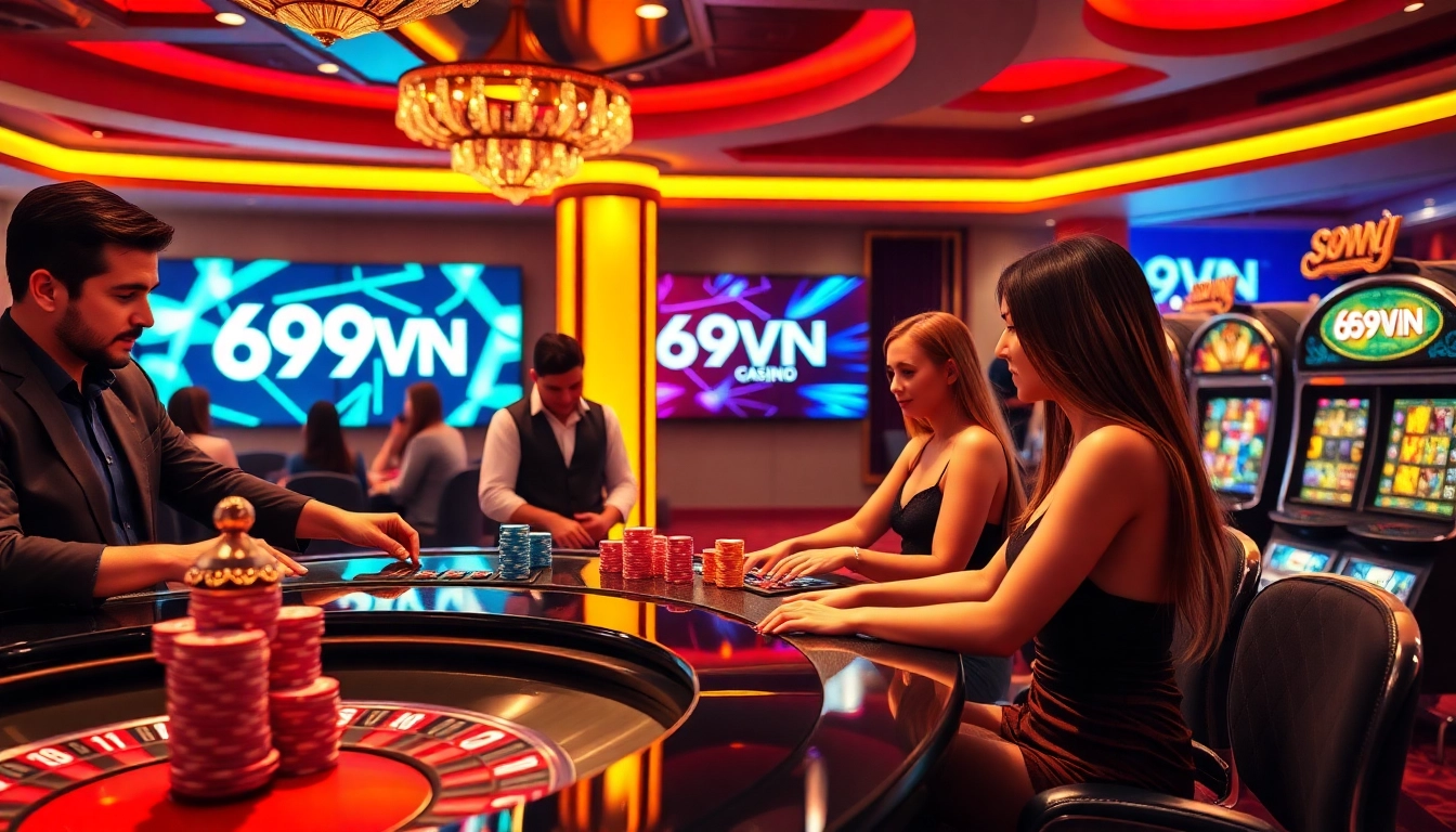 A dynamic gambling environment showcasing 69VN's thrilling casino experience with vibrant roulette and poker action.